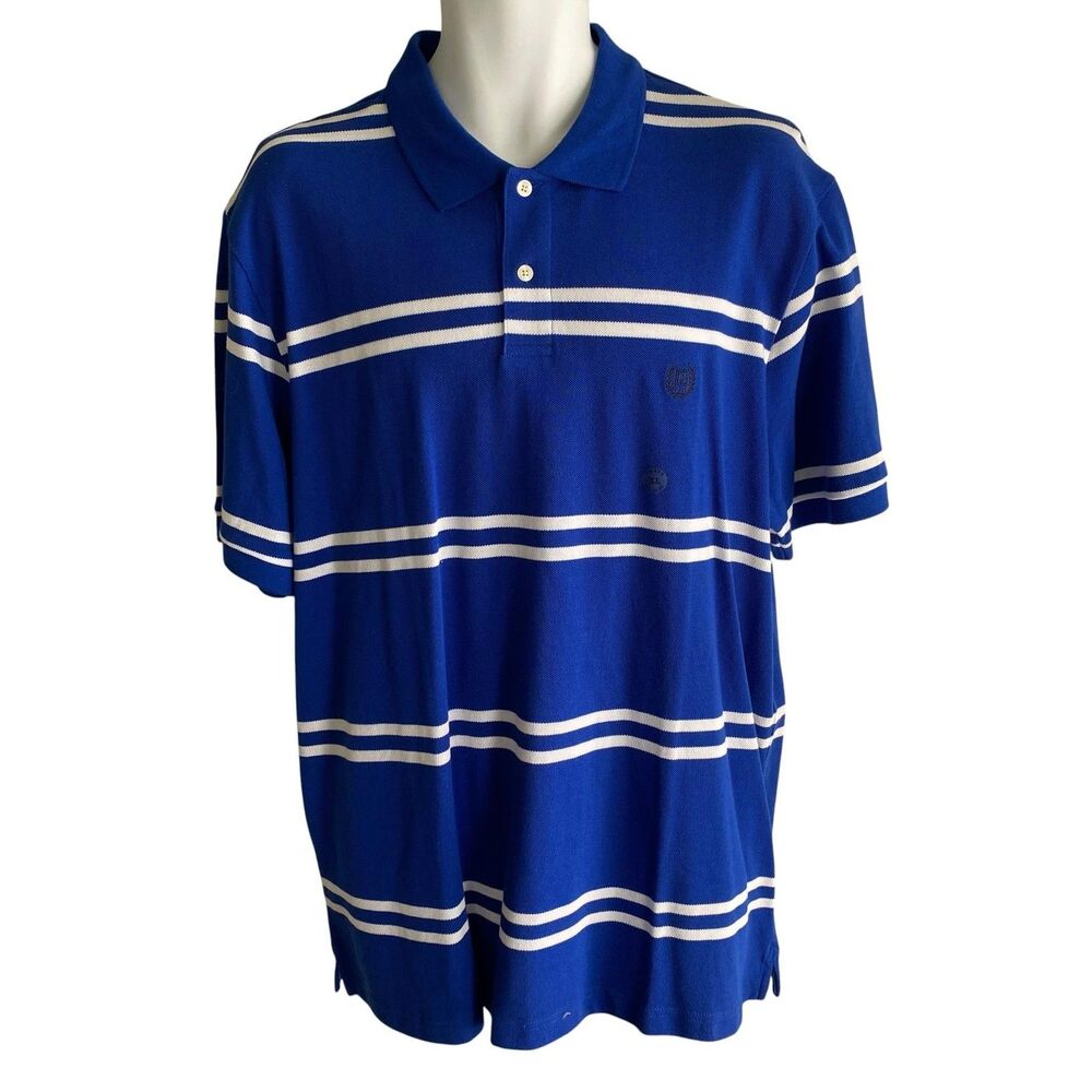 Chaps Polo Shirt Mens XL Blue Striped Cotton Short Sleeve Casual Logo Knit